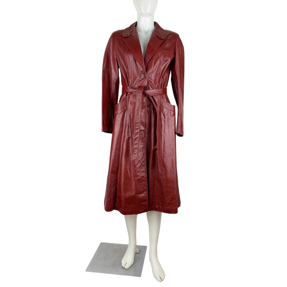 Bermans Vintage Burgundy Leather Trench Coat Belted Long Jacket Womens 12 Red